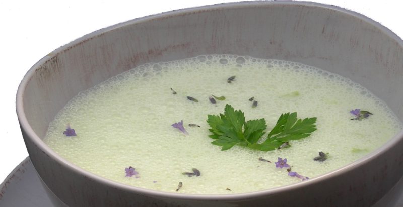 kalte Gurkensuppe / Gurkenschaumsuppe mit Lavendelblüten Topping