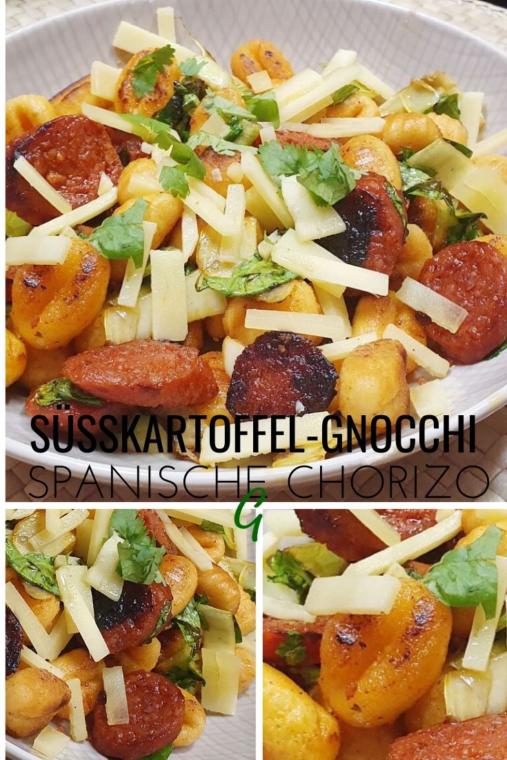 Süßkartoffel Gnocchi Rezept mit Chorizo, viel Gemüse und pikantem Käse